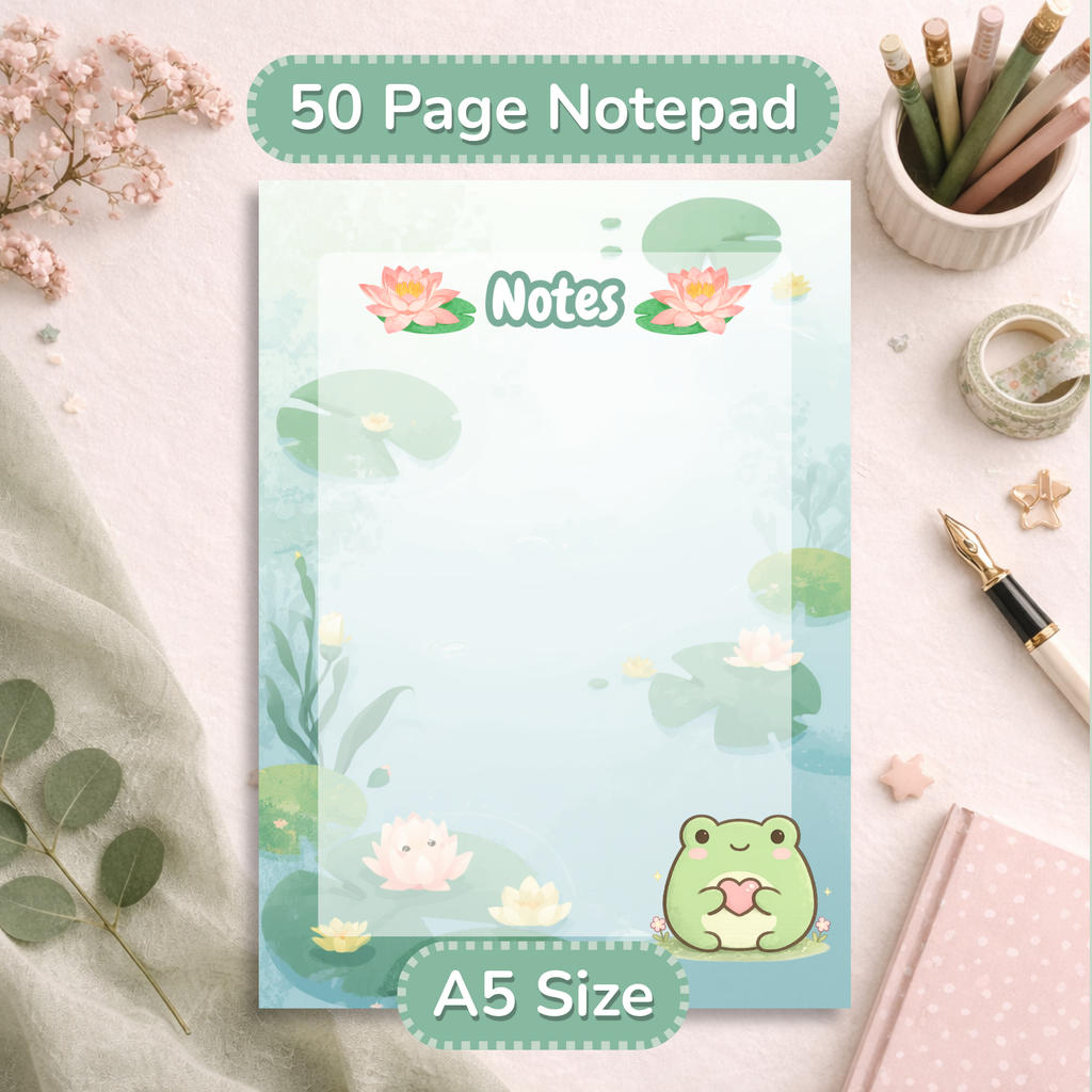 Cozy Frog Notepad, A5 Kawaii Stationery, 50 Page Writing Pad, Aesthetic Desk Accessories, Cozy Office Supplies, Gift for Her