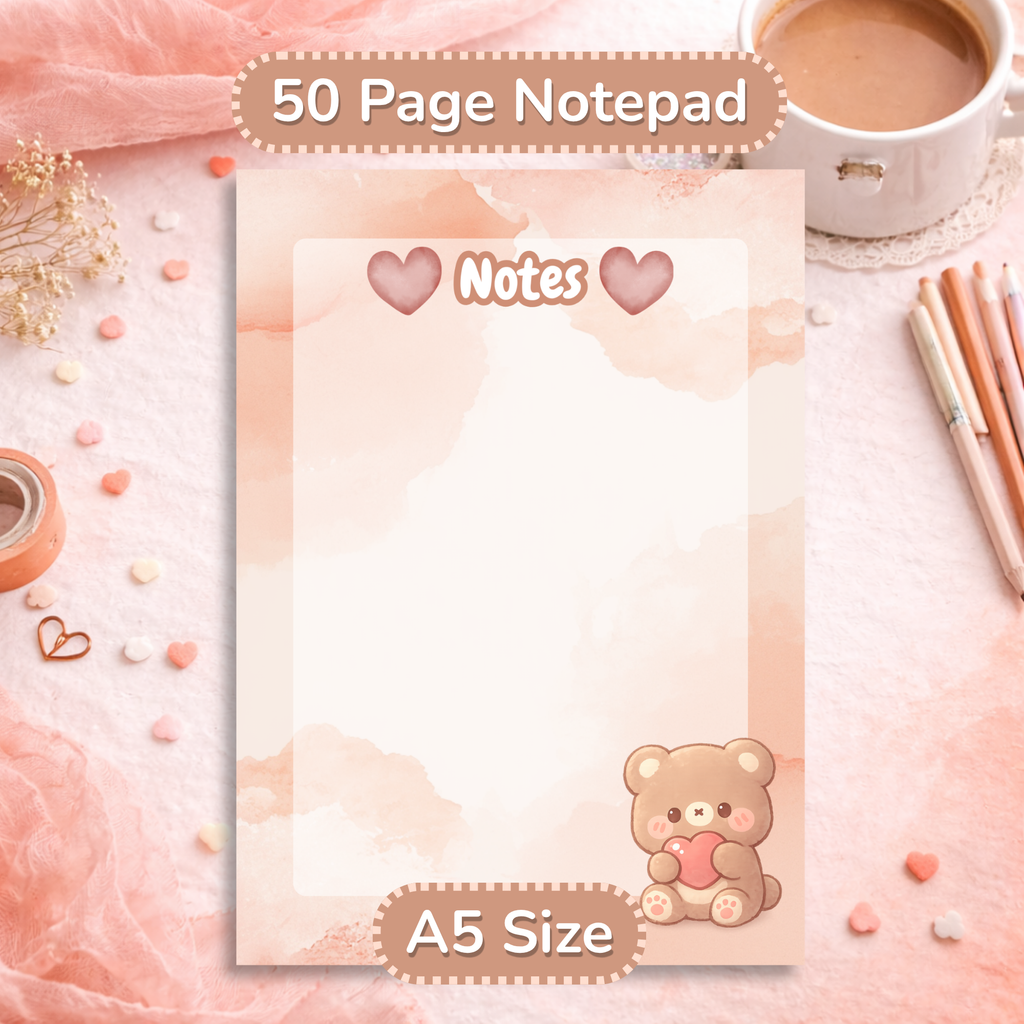 Cozy Bear Notepad, A5 Kawaii Stationery, 50 Page Writing Pad, Aesthetic Desk Accessories, Cozy Office Supplies, Gift for Her