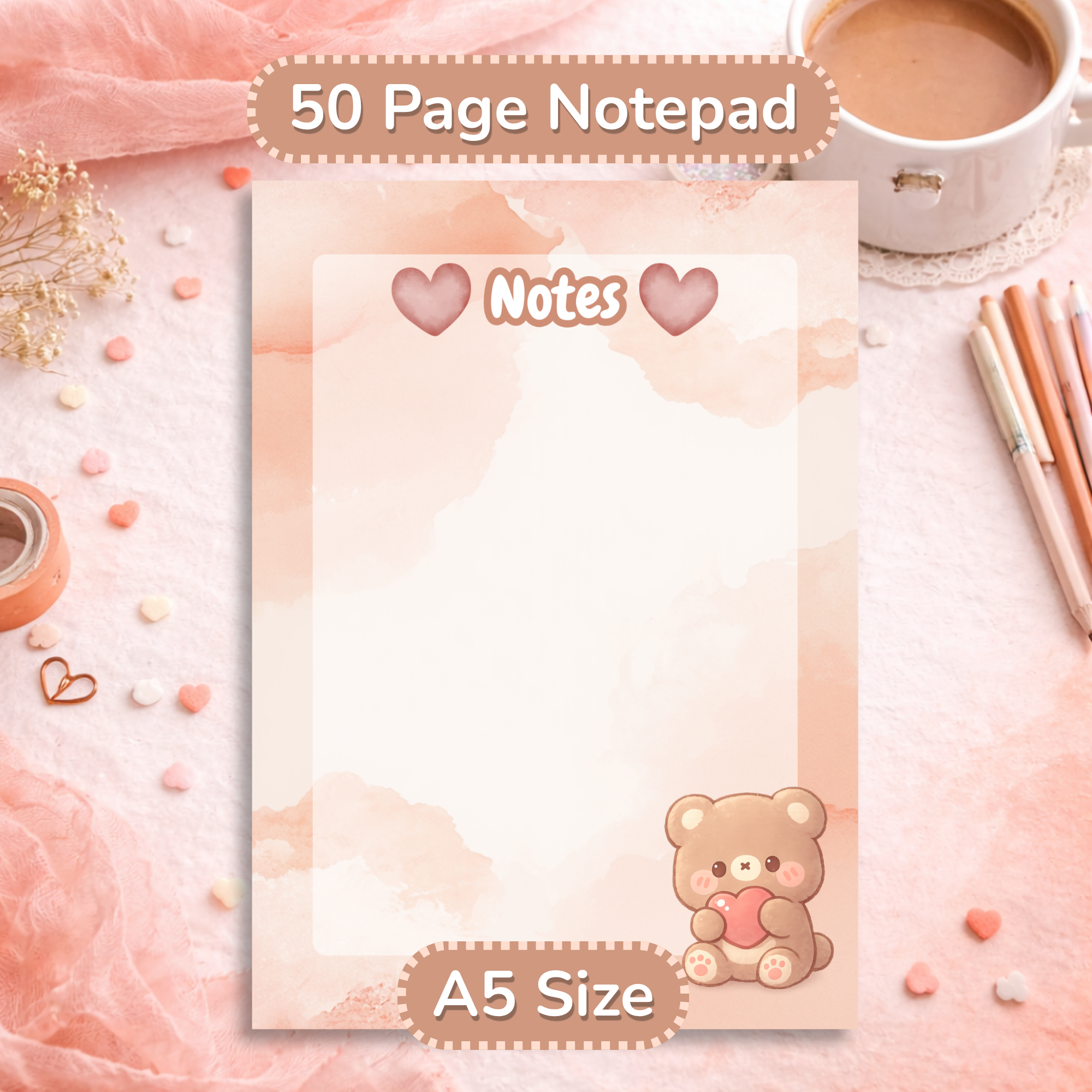 Cute Bear Notepad, A5 Kawaii Stationery, 50 Page Writing Pad, Aesthetic Desk Accessories, Cozy Office Supplies, Gift for Her