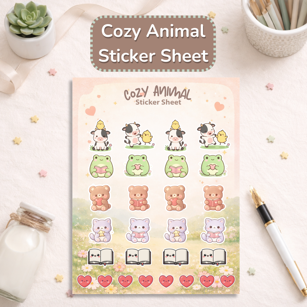 Cute Animal Sticker Sheet | Kawaii Frog Cow Bear Cat Stickers | Aesthetic Planner Stickers | Cozy Desk Decor