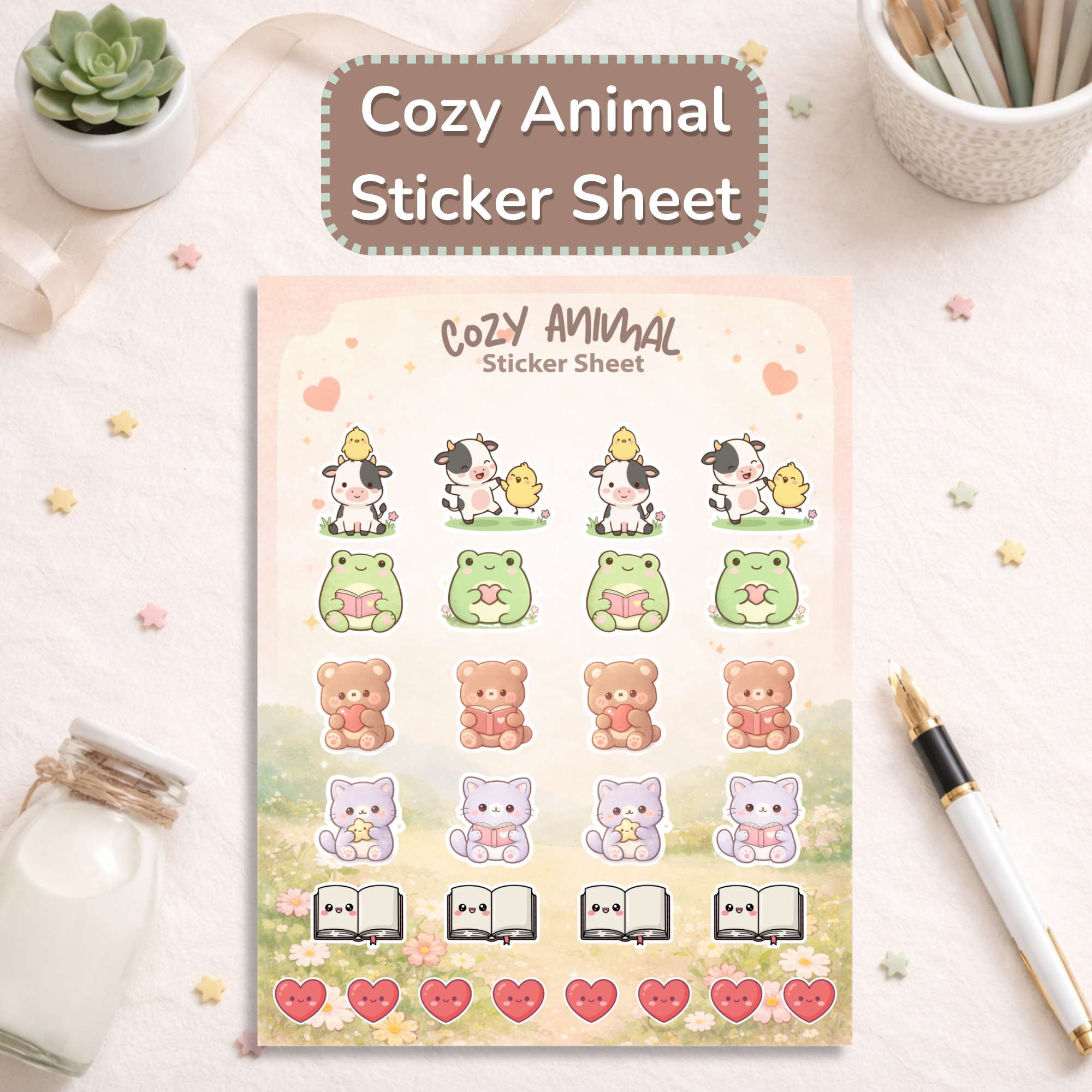 Cute Animal Sticker Sheet | Kawaii Frog Cow Bear Cat Stickers | Aesthetic Planner Stickers | Cozy Desk Decor