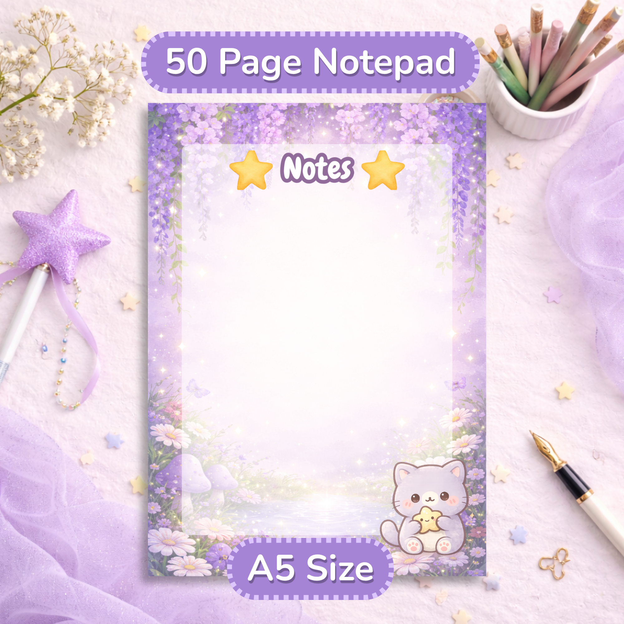 Cute Cat Notepad, A5 Kawaii Stationery, 50 Page Writing Pad, Aesthetic Desk Accessories, Cozy Office Supplies, Gift for Her