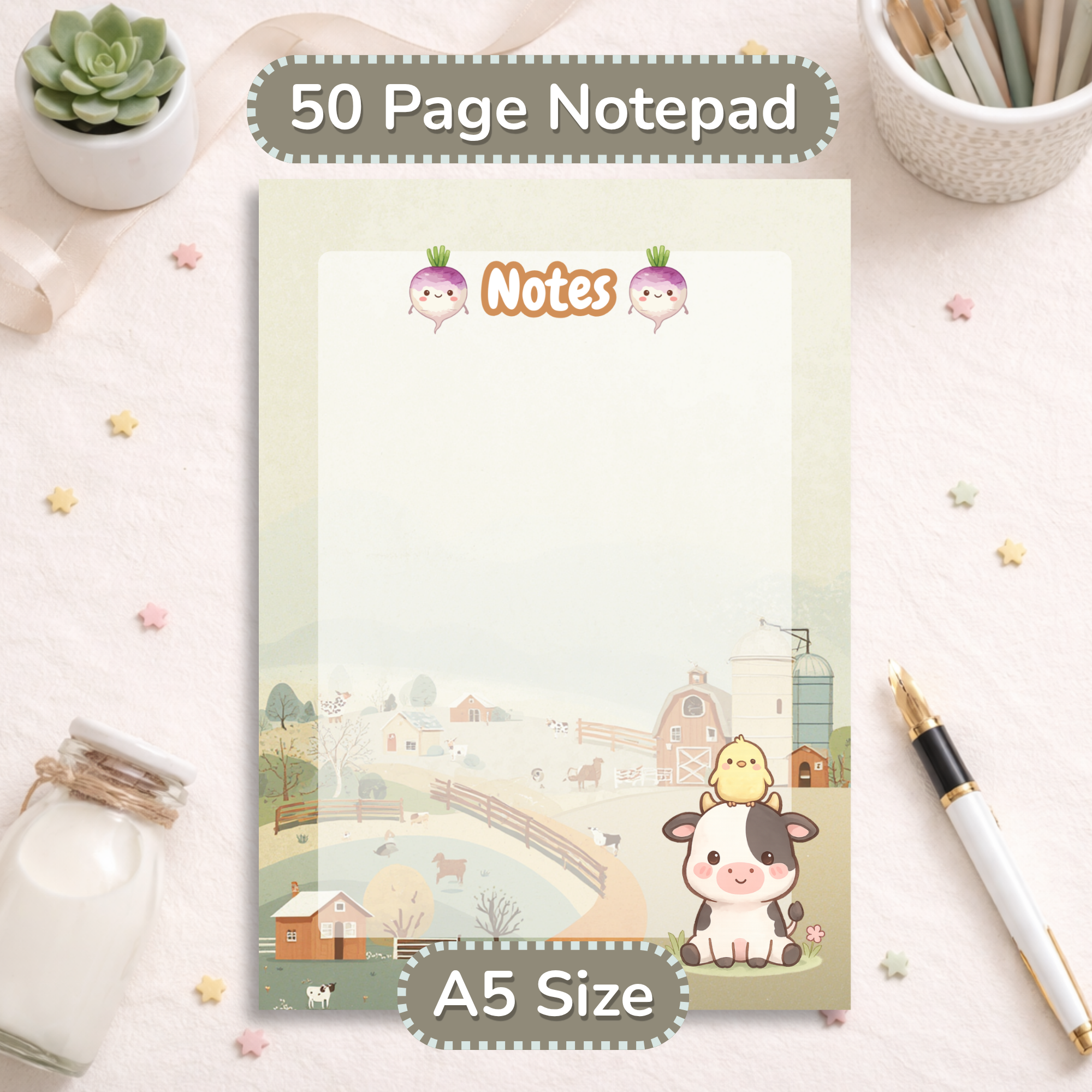 Cute Cow Notepad, A5 Kawaii Stationery, 50 Page Writing Pad, Aesthetic Desk Accessories, Farm Animal Office Supplies, Gift for Her