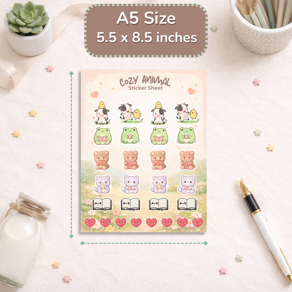 Cute Animal Sticker Sheet | Kawaii Frog Cow Bear Cat Stickers | Aesthetic Planner Stickers | Cozy Desk Decor