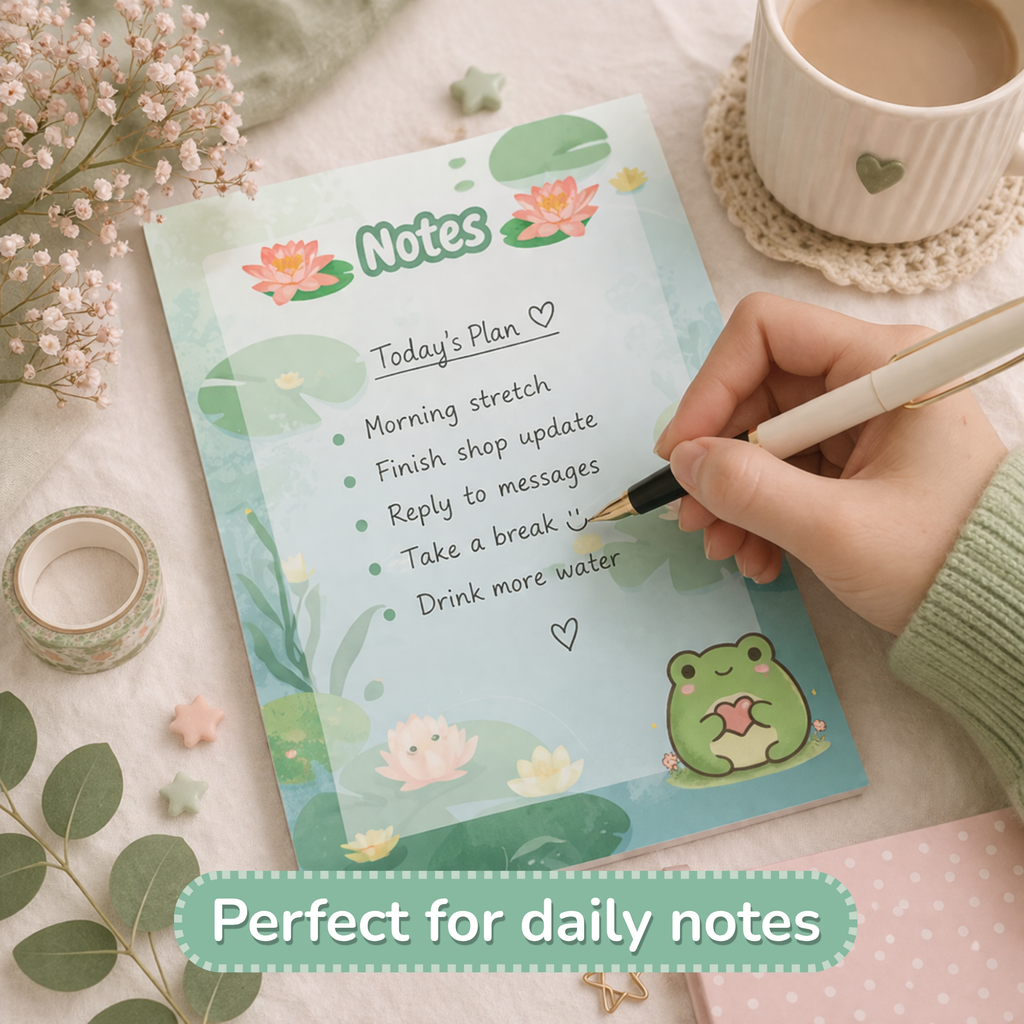 Cozy Frog Notepad, A5 Kawaii Stationery, 50 Page Writing Pad, Aesthetic Desk Accessories, Cozy Office Supplies, Gift for Her