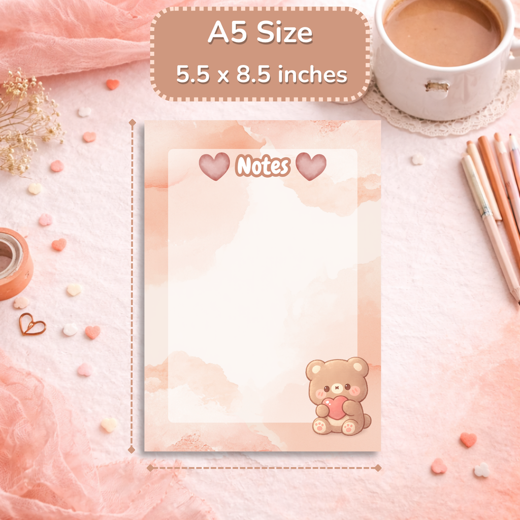 Cozy Bear Notepad, A5 Kawaii Stationery, 50 Page Writing Pad, Aesthetic Desk Accessories, Cozy Office Supplies, Gift for Her