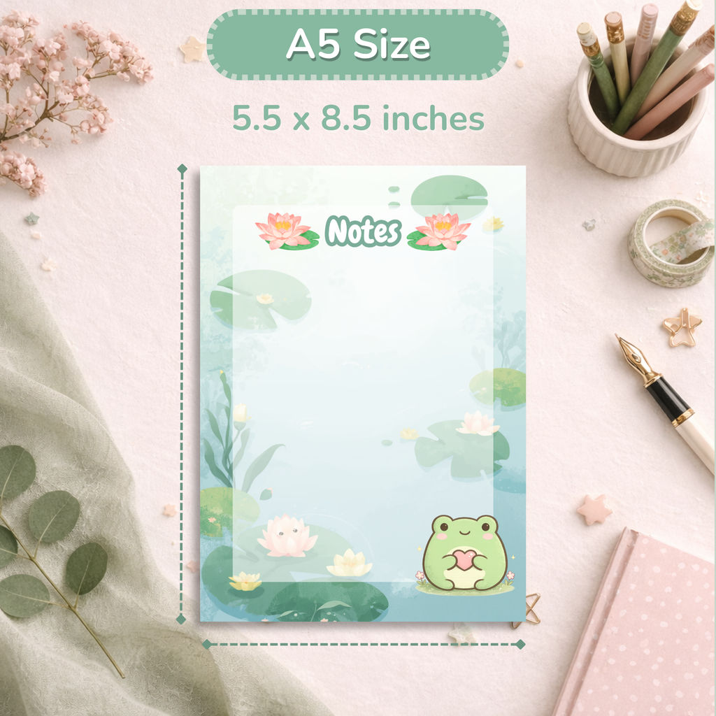 Cozy Frog Notepad, A5 Kawaii Stationery, 50 Page Writing Pad, Aesthetic Desk Accessories, Cozy Office Supplies, Gift for Her