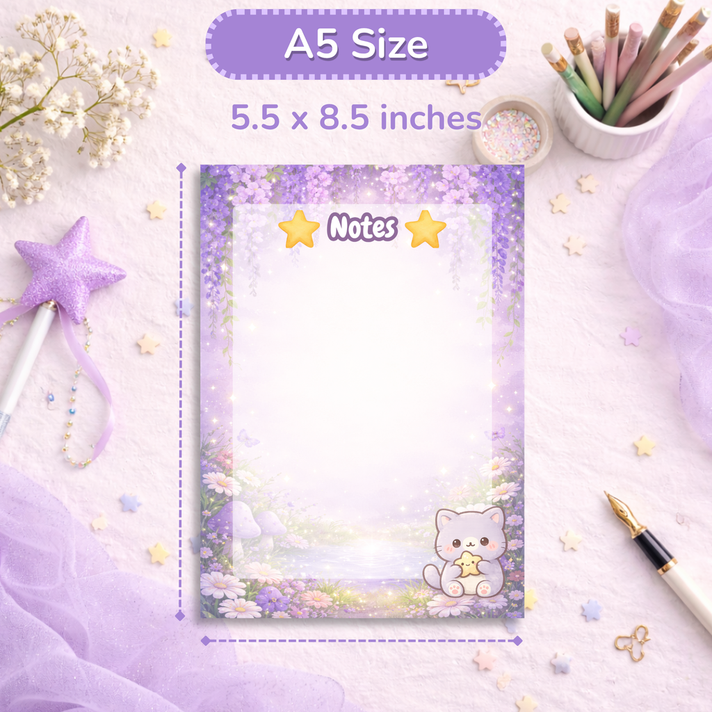 Cozy Cat Notepad, A5 Kawaii Stationery, 50 Page Writing Pad, Aesthetic Desk Accessories, Cozy Office Supplies, Gift for Her