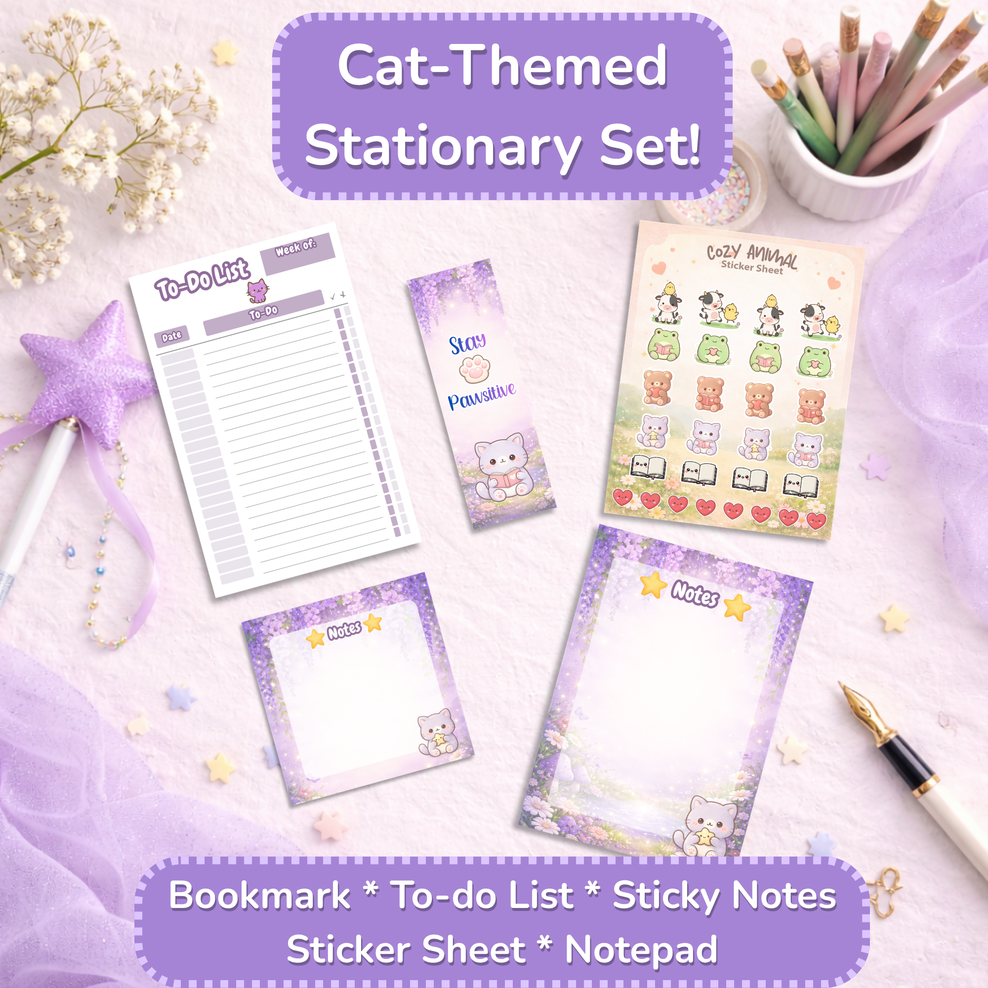 Cute Cat Sticky Notes | Kawaii Memo Pad | Aesthetic Planner Notes | Desk Accessories for Cat Lovers